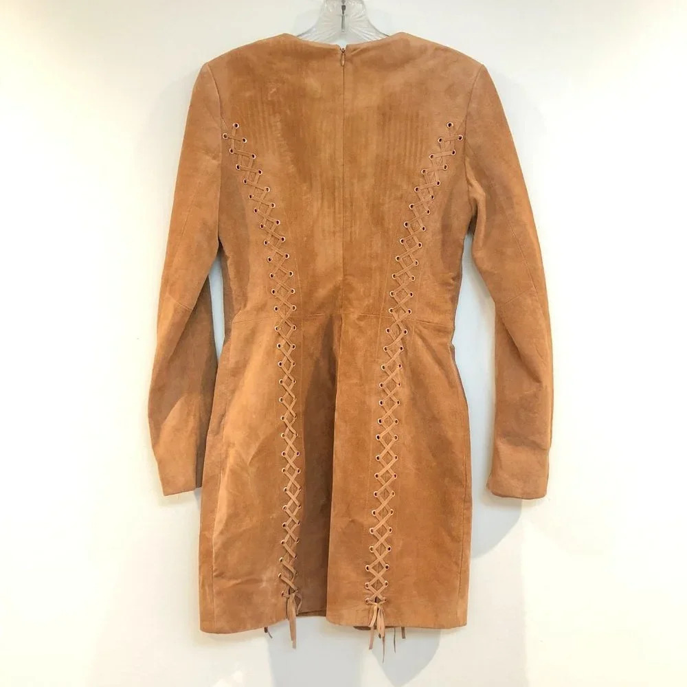 NEW Intermix Leather Lace Up Long Sleeve V Neck Mini Dress Small FLAWED - Picture 10 of 11